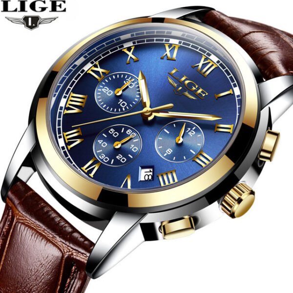 Lige Casual Fashion Trend Business Waterproof Belt Watch Men's Multi-Function Luminous Watch - 画像 (6)