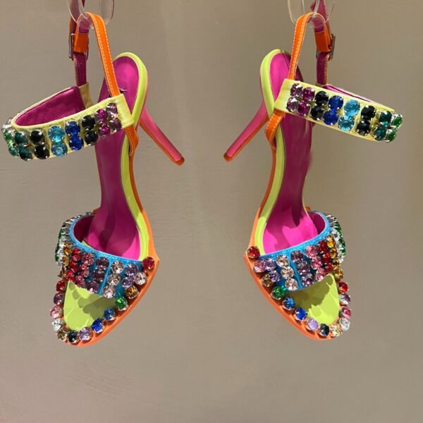 Newest Rhinestones High Heel Sandals Summer Open Toe Ankle Strap Dress Shoes Colorful Stones Wedding Heels - obrazek 6