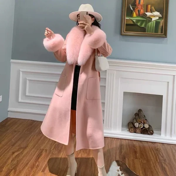High Quality Women Winter Handmade Double Side 100% Woolen Real Fox Fur Collar Sleeve Long Warm Wool Coat - 画像 (7)