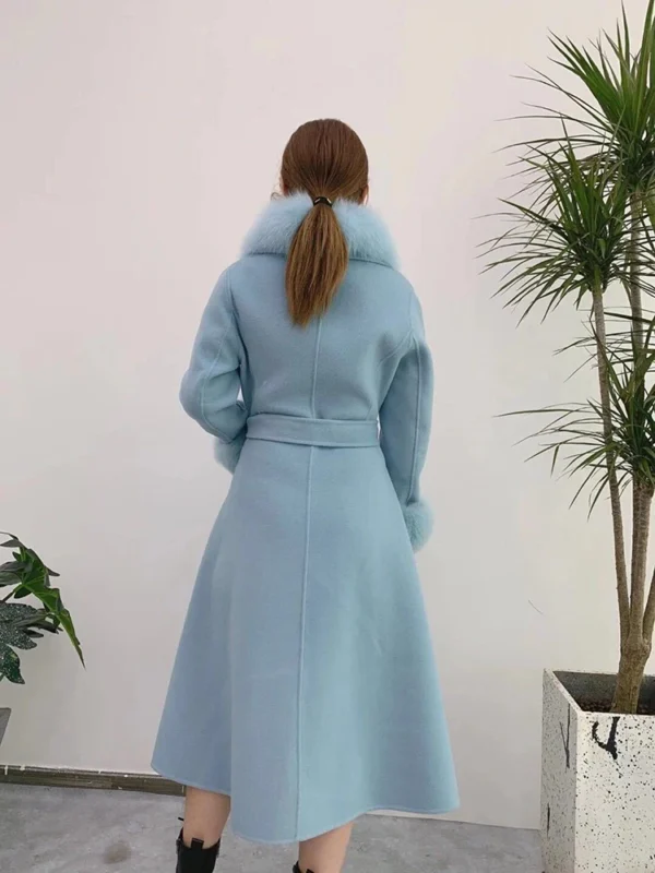 High Quality Women Winter Handmade Double Side 100% Woolen Real Fox Fur Collar Sleeve Long Warm Wool Coat - 画像 (4)