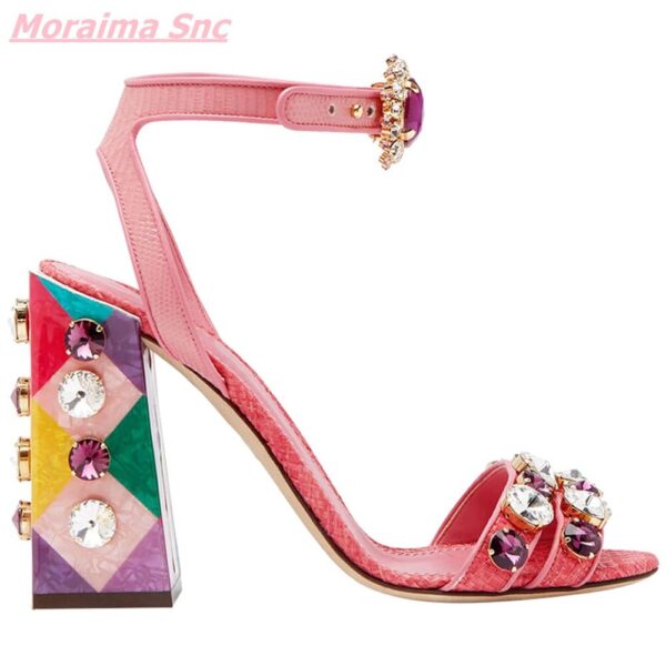 Summer New Pink Sheepskin Women Shoes Button Rhinestone Fairy Retro Sandals 10CM Thick Heel Open Toe Comfortable Party - Bild 13