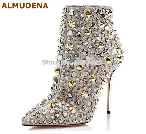 Glitter Gold Metallic Studs Ankle Boots Stiletto Heel Silver Shell Spikes Pointed Toe Booties Celebrity Dress Shoes - obrazek 3
