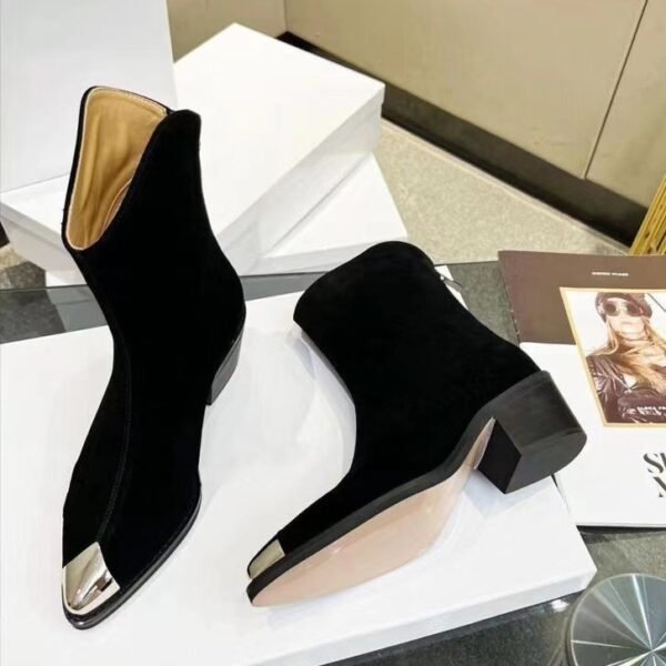 Winter Designer Shoes Women Chelsea Boots Metal Toe Back Zip Short Boots Women Pointed Toe Chunky Heel Ankle Boots Suede Leather - Image 2