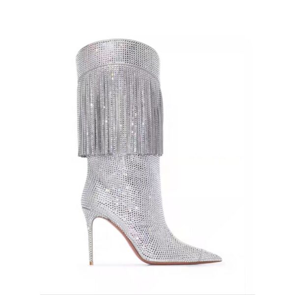 Autumn New Women's Pointed Toe Rhinestone Boots Silver Tassel Stiletto Suede Boots Black Super High Heels 34-43 Size - Image 23