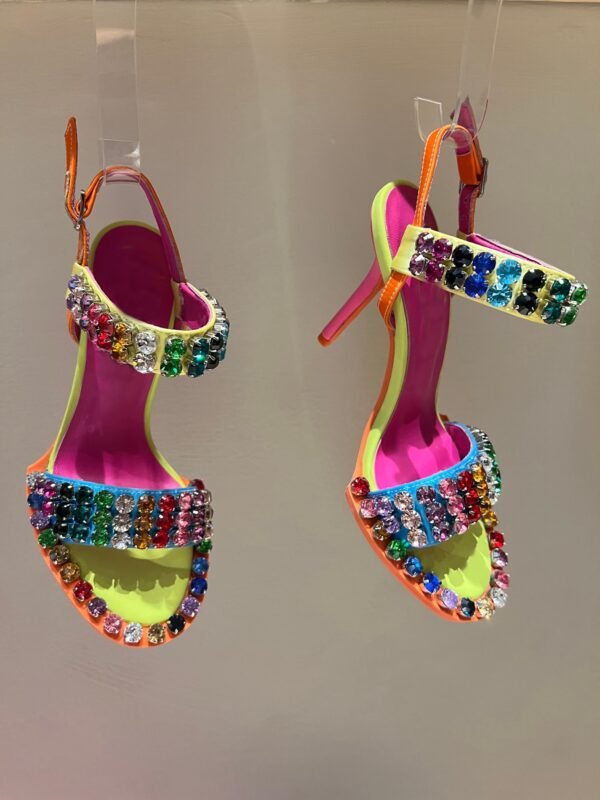 Newest Rhinestones High Heel Sandals Summer Open Toe Ankle Strap Dress Shoes Colorful Stones Wedding Heels - obrazek 3