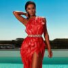 Stylish High Waist Feather Design Red Sequins Dress Sexy One Shoulder Diagonal Collar Celebrity Party Club Dress - 画像 (2)