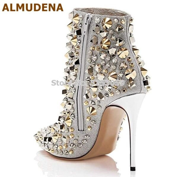 Glitter Gold Metallic Studs Ankle Boots Stiletto Heel Silver Shell Spikes Pointed Toe Booties Celebrity Dress Shoes - obrazek 2