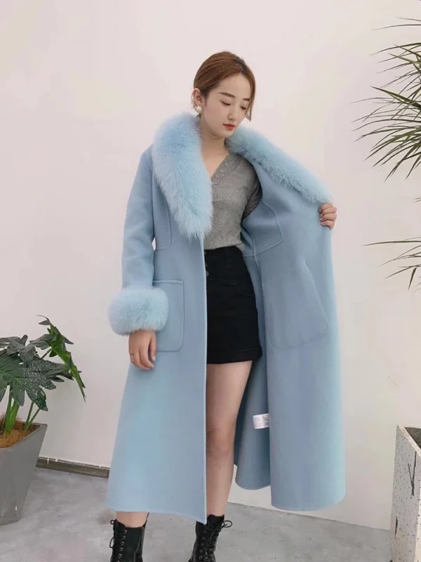 High Quality Women Winter Handmade Double Side 100% Woolen Real Fox Fur Collar Sleeve Long Warm Wool Coat - 画像 (3)