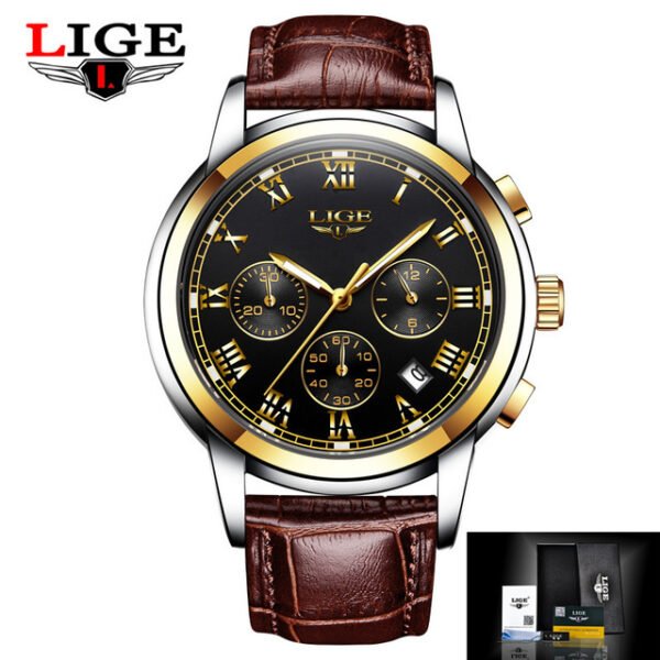 Lige Casual Fashion Trend Business Waterproof Belt Watch Men's Multi-Function Luminous Watch - 画像 (5)