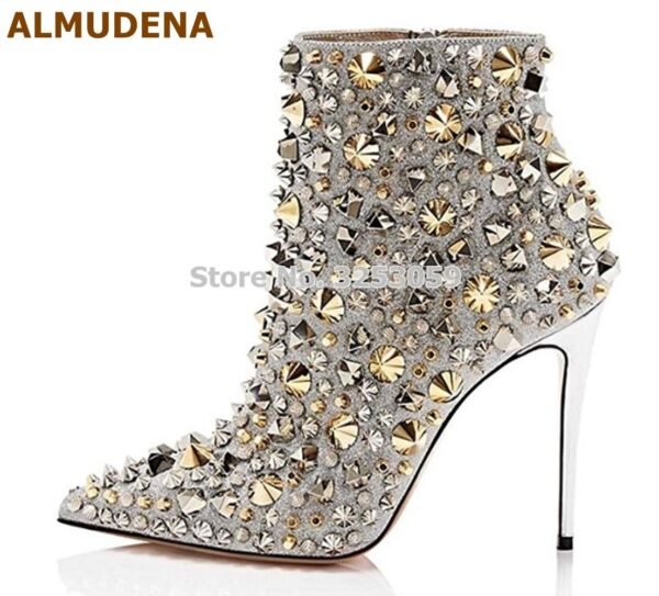 Glitter Gold Metallic Studs Ankle Boots Stiletto Heel Silver Shell Spikes Pointed Toe Booties Celebrity Dress Shoes - obrazek 14