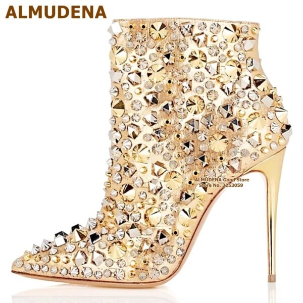 Glitter Gold Metallic Studs Ankle Boots Stiletto Heel Silver Shell Spikes Pointed Toe Booties Celebrity Dress Shoes - obrazek 19