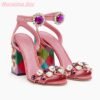 Summer New Pink Sheepskin Women Shoes Button Rhinestone Fairy Retro Sandals 10CM Thick Heel Open Toe Comfortable Party - Image 4