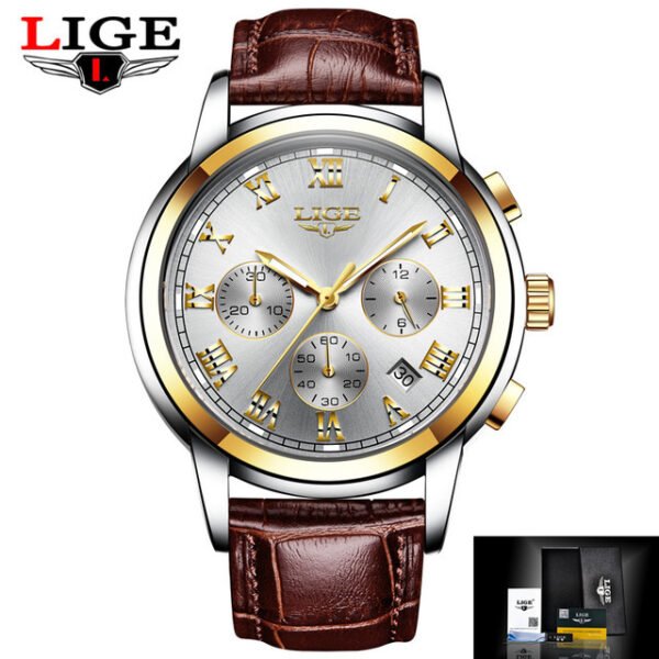 Lige Casual Fashion Trend Business Waterproof Belt Watch Men's Multi-Function Luminous Watch - 画像 (4)