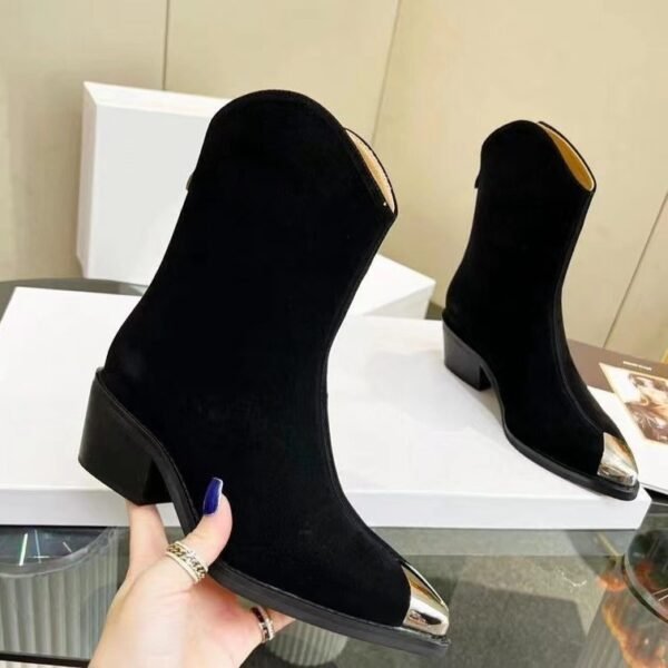 Winter Designer Shoes Women Chelsea Boots Metal Toe Back Zip Short Boots Women Pointed Toe Chunky Heel Ankle Boots Suede Leather - Image 4