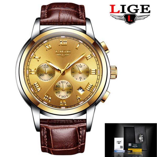Lige Casual Fashion Trend Business Waterproof Belt Watch Men's Multi-Function Luminous Watch - 画像 (3)