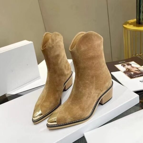 Winter Designer Shoes Women Chelsea Boots Metal Toe Back Zip Short Boots Women Pointed Toe Chunky Heel Ankle Boots Suede Leather - Image 3