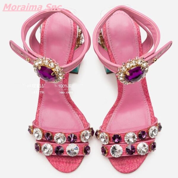 Summer New Pink Sheepskin Women Shoes Button Rhinestone Fairy Retro Sandals 10CM Thick Heel Open Toe Comfortable Party - Bild 5