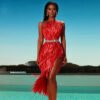 Stylish High Waist Feather Design Red Sequins Dress Sexy One Shoulder Diagonal Collar Celebrity Party Club Dress