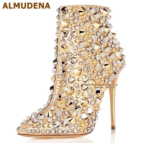 Glitter Gold Metallic Studs Ankle Boots Stiletto Heel Silver Shell Spikes Pointed Toe Booties Celebrity Dress Shoes - obrazek 6