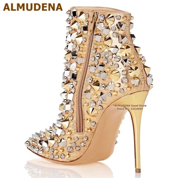 Glitter Gold Metallic Studs Ankle Boots Stiletto Heel Silver Shell Spikes Pointed Toe Booties Celebrity Dress Shoes - obrazek 5