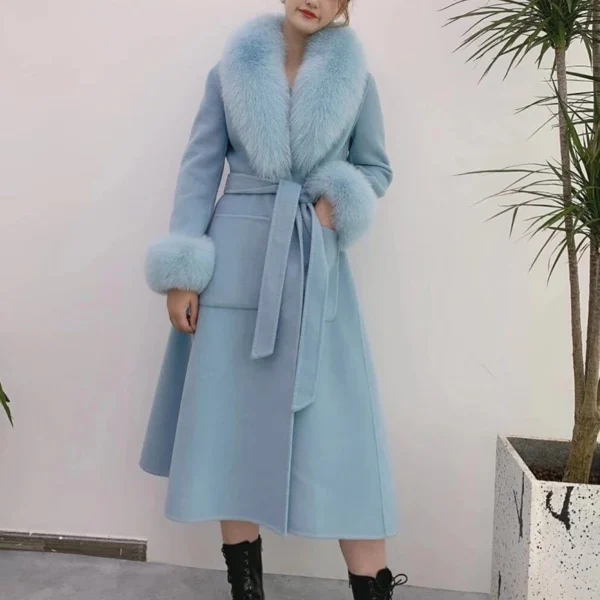High Quality Women Winter Handmade Double Side 100% Woolen Real Fox Fur Collar Sleeve Long Warm Wool Coat - 画像 (2)