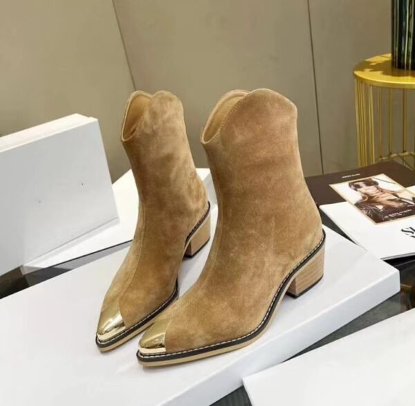 Winter Designer Shoes Women Chelsea Boots Metal Toe Back Zip Short Boots Women Pointed Toe Chunky Heel Ankle Boots Suede Leather - Image 5