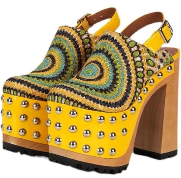 Peacock Cloth Rivet Thick Sole Platform Summer Sandals Woman Fashion Round Toe Block Chunky Wood Heels Slingback Yellow Shoes - 画像 (6)