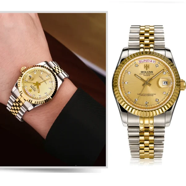 Holuns Men Watches Luxury Top Brand Gold Diamond Role Quartz Stainless Steel Calendar Relogio Masculino Wrist Watch Clock - Image 2