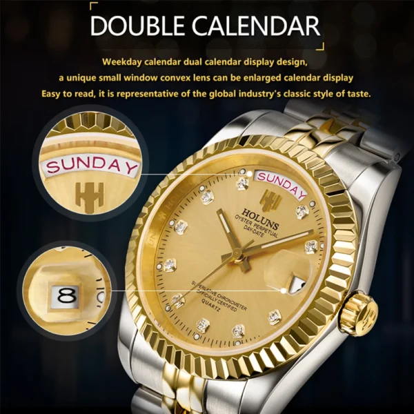 Holuns Men Watches Luxury Top Brand Gold Diamond Role Quartz Stainless Steel Calendar Relogio Masculino Wrist Watch Clock - Image 3