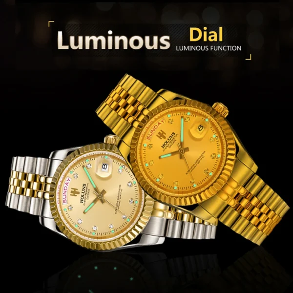 Holuns Men Watches Luxury Top Brand Gold Diamond Role Quartz Stainless Steel Calendar Relogio Masculino Wrist Watch Clock - Image 4