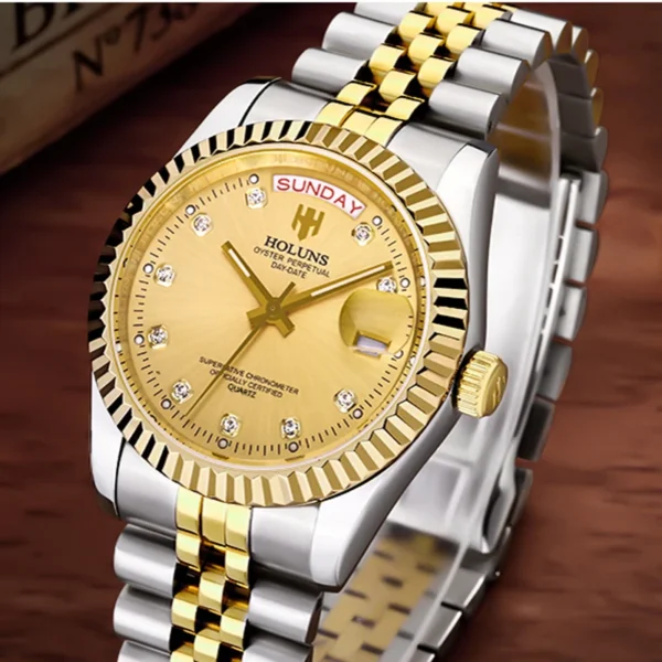 Holuns Men Watches Luxury Top Brand Gold Diamond Role Quartz Stainless Steel Calendar Relogio Masculino Wrist Watch Clock - Image 5