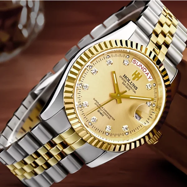 Holuns Men Watches Luxury Top Brand Gold Diamond Role Quartz Stainless Steel Calendar Relogio Masculino Wrist Watch Clock - Image 6