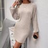 Women's Irregular Sunken Stripe Long Sleeve Knitted Dress - Image 2