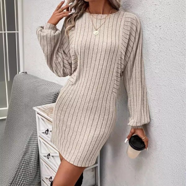Women's Irregular Sunken Stripe Long Sleeve Knitted Dress - Image 2