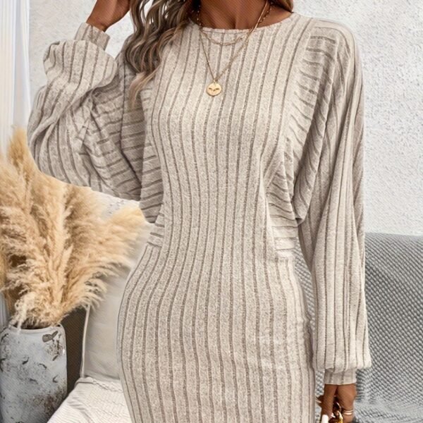 Women's Irregular Sunken Stripe Long Sleeve Knitted Dress - Image 3