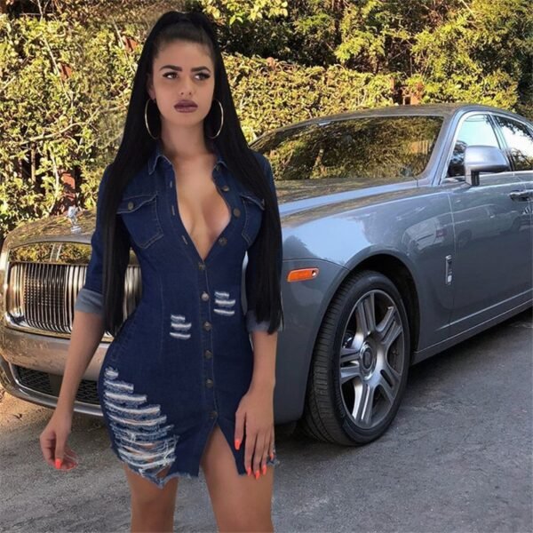 Women Sexy Holes Jeans Dress Buttons Up Turn Down Collar Long Sleeve Denim Mini Night Club Party Dresses - obrazek 4