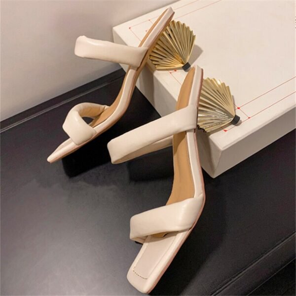 Metal Scalloped Heel Design Ladies High Heel Slippers Square toe Monster Heel Slippers Fashion Summer Party Slippers - Imagen 4