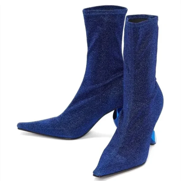New European and American Metal Shaped High Heels Fashion Pointed Elastic Short Boots Sexy Model Show Large Women's Boots - imagine 9