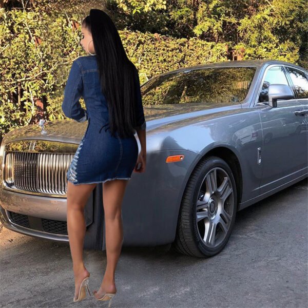 Women Sexy Holes Jeans Dress Buttons Up Turn Down Collar Long Sleeve Denim Mini Night Club Party Dresses - obrazek 3