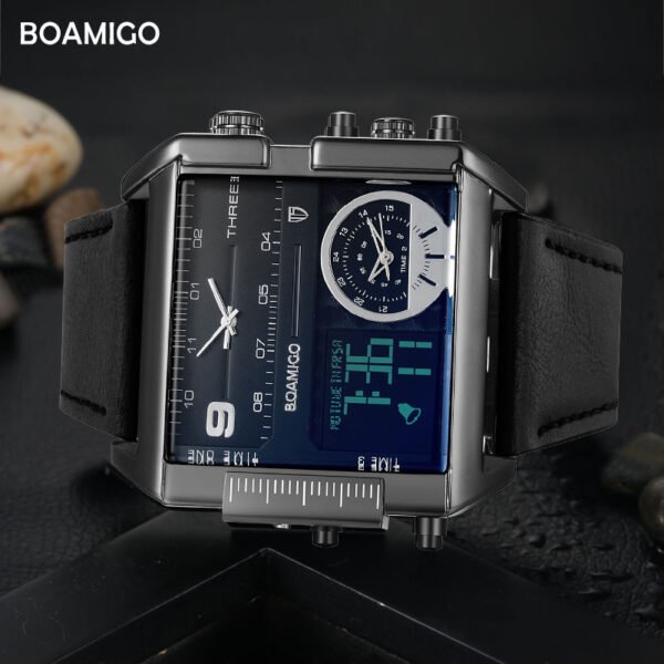 BOAMIGO Brand Men Sports Watches 3 Time Zone Big Man Fashion Military LED Watch Leather Quartz Wristwatches Relogio Masculino - Зображення 2