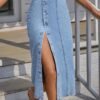 ⁦Summer New Women's Button Pack Hips Denim Skirt Fashion Slim Mid Length Jeans Skirt⁩ - الصورة ⁦3⁩