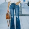Popular Wash Micro Flare Stretch Ripped Jeans Women Trousers