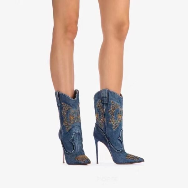 Western cowboy style high heels, pointed high heels, embroidered short tube, slim and sexy knight boots, fashion boots for women – Image 3
