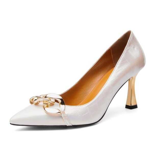 Spring New Pointed Thin Heel Light Mouth Blue Single Shoes Metal Chain Lacquer Leather Versatile Lacquer Leather High Heel Ladle Shoes - 画像 (3)