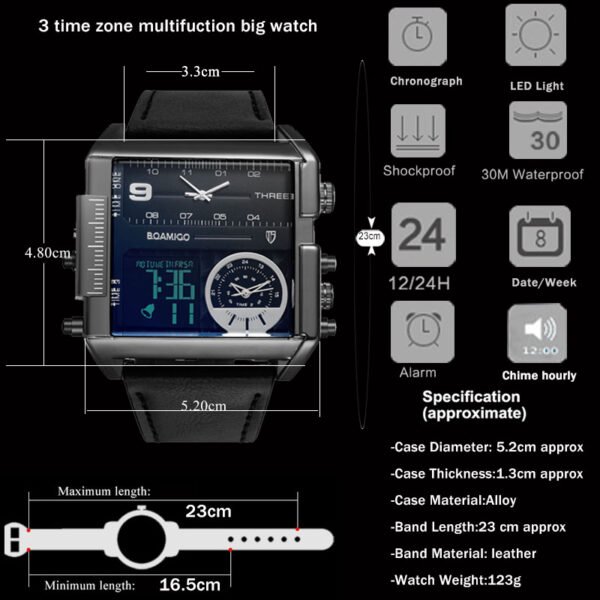 BOAMIGO Brand Men Sports Watches 3 Time Zone Big Man Fashion Military LED Watch Leather Quartz Wristwatches Relogio Masculino - Зображення 5