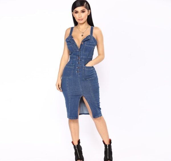 Female Sexy Spaghetti Strap Sleeveless Jeans Dresses  Clothing Women Single Breasted Party Ladies Split Denim Dress - obrazek 2