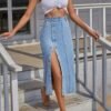 ⁦Summer New Women's Button Pack Hips Denim Skirt Fashion Slim Mid Length Jeans Skirt⁩ - الصورة ⁦5⁩