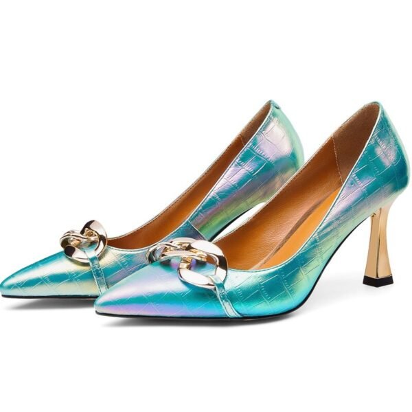 Spring New Pointed Thin Heel Light Mouth Blue Single Shoes Metal Chain Lacquer Leather Versatile Lacquer Leather High Heel Ladle Shoes - 画像 (30)
