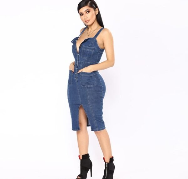 Female Sexy Spaghetti Strap Sleeveless Jeans Dresses  Clothing Women Single Breasted Party Ladies Split Denim Dress - obrazek 3