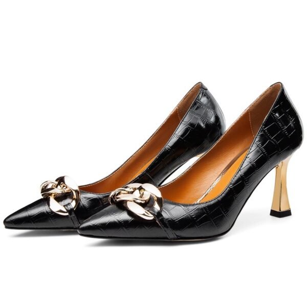 Spring New Pointed Thin Heel Light Mouth Blue Single Shoes Metal Chain Lacquer Leather Versatile Lacquer Leather High Heel Ladle Shoes - 画像 (25)